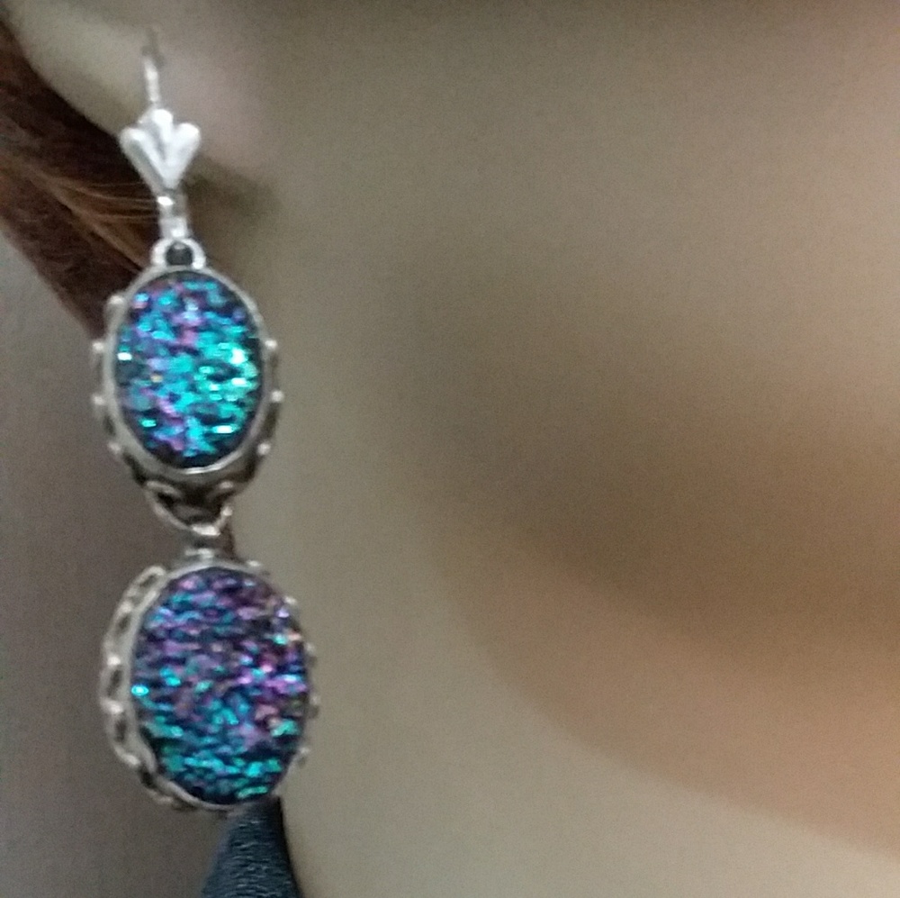 Rainbow Druzy Solid Sterling Silver Dangle Earring - image 3